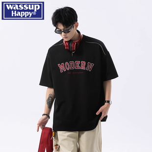 happy美式 t恤男夏季 wassup 字母短袖 薄款 潮流高街宽松休闲五分袖