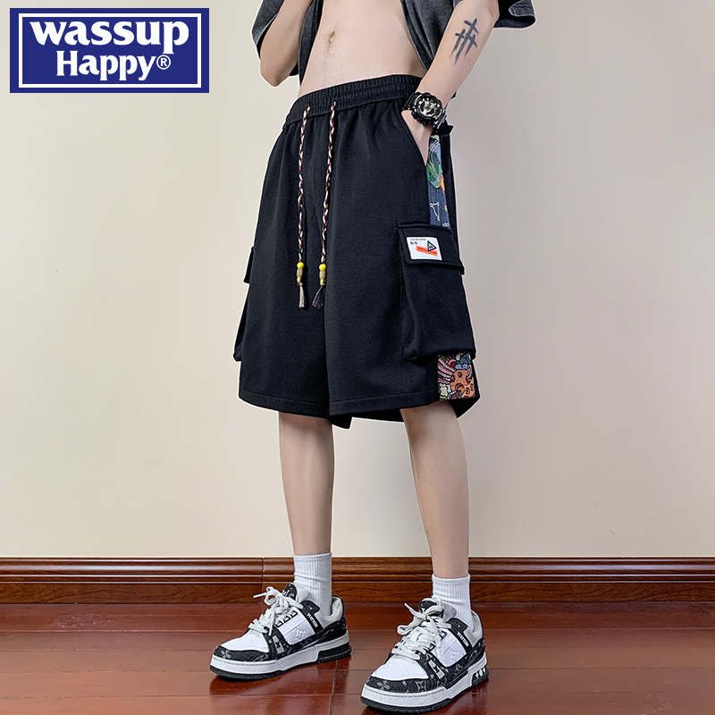 WASSUP HAPPY国潮刺绣工装短裤男款夏季设计感小众休闲宽松五分裤