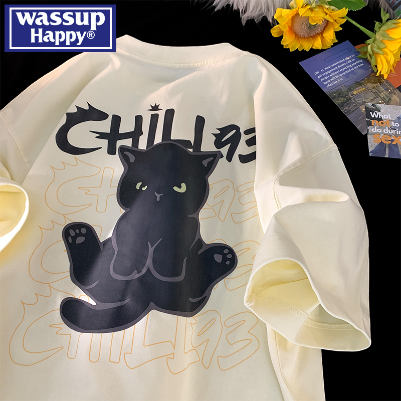 wassuphappy猫咪印花短袖t恤男