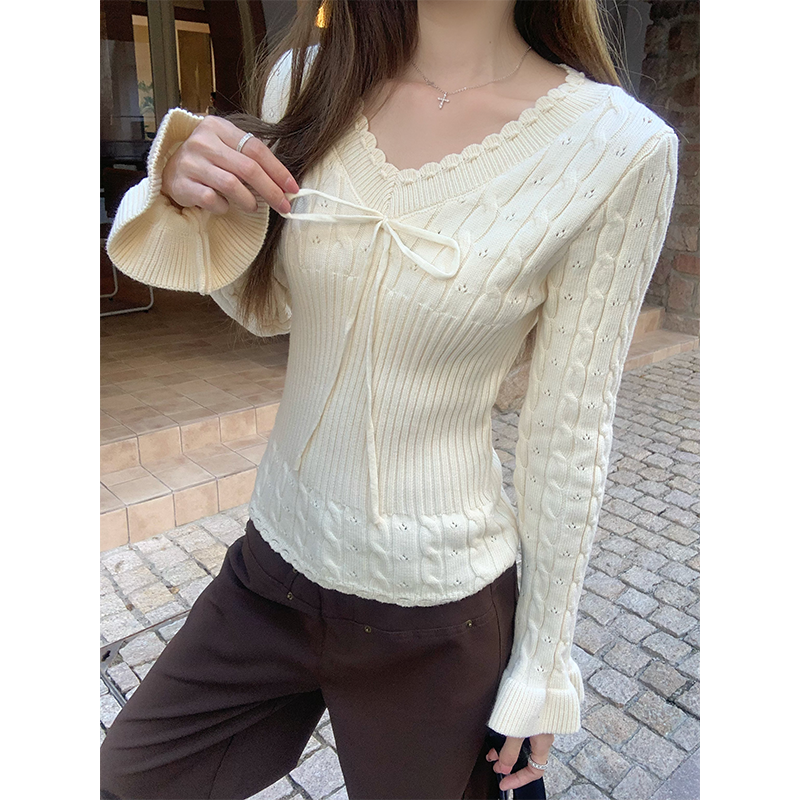 桃吱吱韩系V领打底氛围感针织衫长袖百搭修身气质显瘦休闲毛衣女,女装/女士精品,毛衣,淘宝优惠券,粉丝福利购,淘宝优惠卷