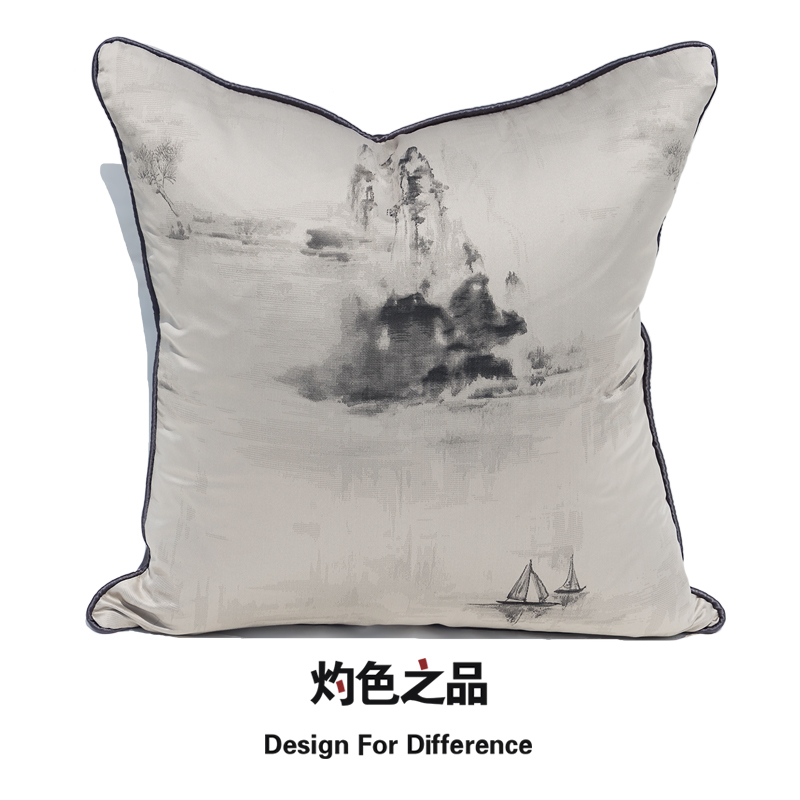 浅灰色绸缎大靠背现代中式复古沙发软装靠枕靠垫床头客厅抱枕方形