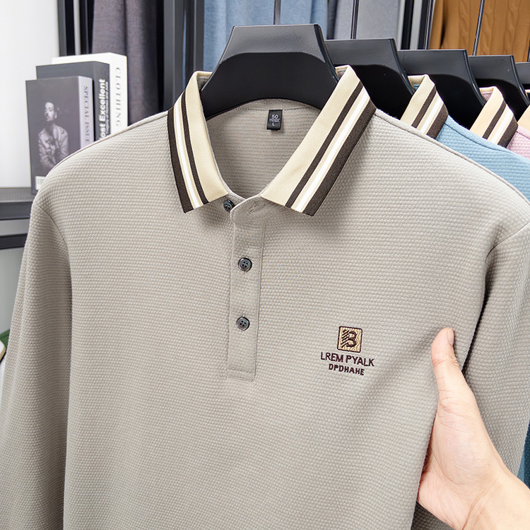 男士长袖t恤polo衫中年爸爸春款菠萝格小衫粉色显年轻40岁50体恤