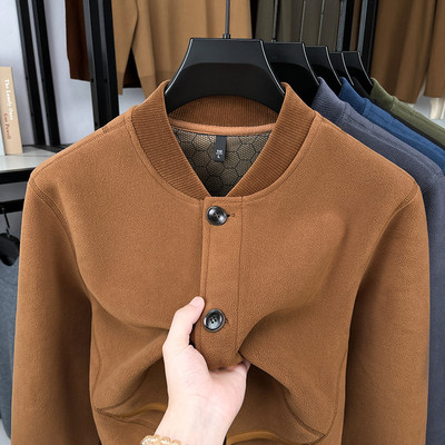 纽扣棒球领摇粒绒卫衣外套男秋冬季复古加绒加厚抓绒衣开衫男外穿