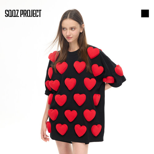 SQQZ PROJECT春夏新款满幅立体塞棉多颗爱心短袖T恤男女同款