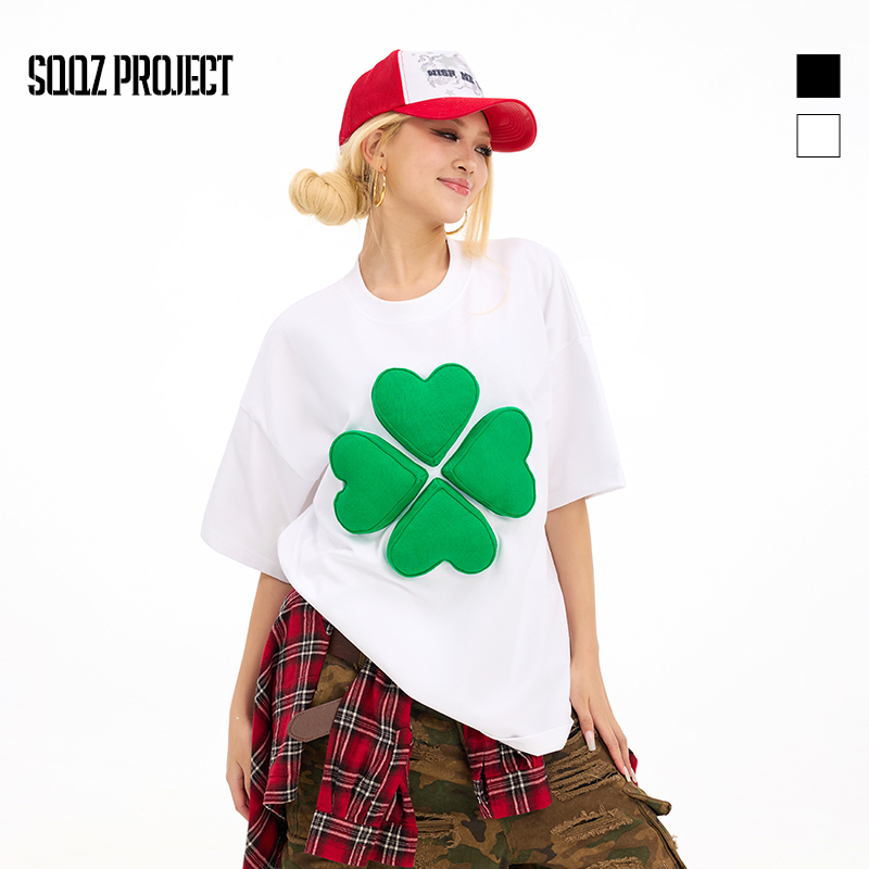 SQQZ PROJECT春夏新款300G立体四叶草塞棉宽松短袖T恤情侣款