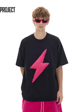 SQQZ PROJECT 玫红闪电原创立体塞棉 圆领宽松短袖T恤情侣同款