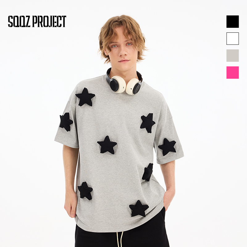 SQQZ PROJECT春夏新款300G满身立体五角星塞棉宽松短袖T恤情侣款