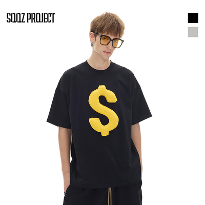 SQQZ PROJECT春夏新款300G美元符号立体塞棉圆领宽松短袖T恤情侣