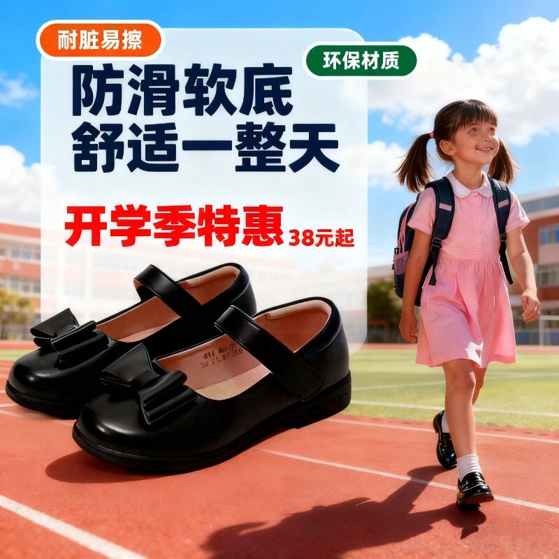 女童黑色皮鞋儿童公主鞋中大童小皮鞋学生表演单鞋休闲软底小黑鞋