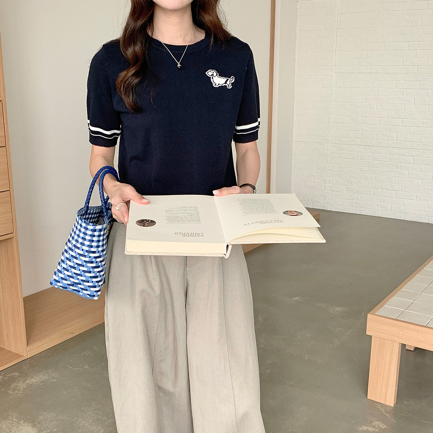 学院风100纯棉线针织短袖女夏季T恤小狗刺绣宽松正肩显瘦体恤上衣