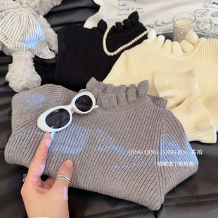 韩国女童秋季毛衣儿童纯色百搭木耳边加厚半高领针织衫保暖打底衫