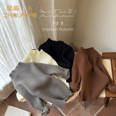 2025韩版半高领简约纯色男女童针织打底衫冬新款加绒内搭洋气毛衣