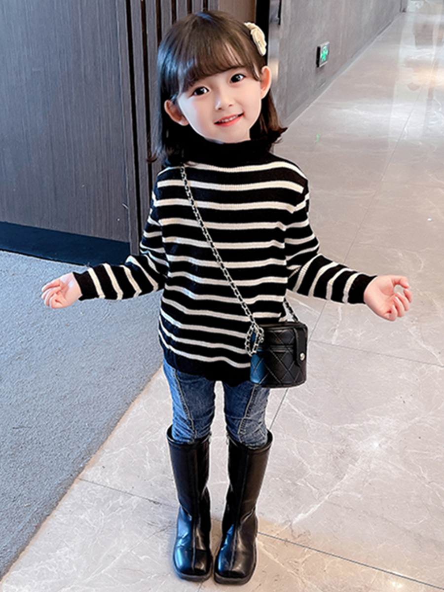 女童秋冬季毛衣2025新款半高领女宝洋气儿童春秋装针织条纹打底衫