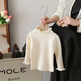 女童针织衫洋气秋冬新款女宝宝半高领木耳边爱心毛衣儿童打底衫潮