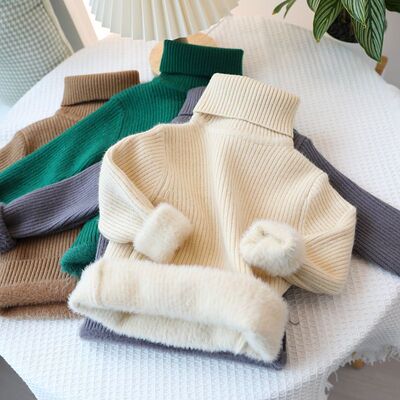 男童一体绒毛衣儿童半高领针织衫女童白色加绒加厚毛线打底衣冬款