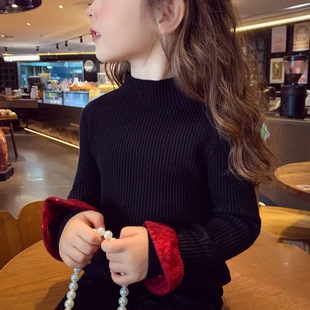 女童毛衣冬装2026新款儿童韩版亮片花边针织衫女孩黑色内搭打底衫