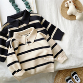 宝宝宽松潮3 毛衫 炸街 儿童春秋条纹中性翻领针织毛衣男童女童韩版