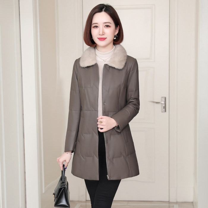 2024冬季新款海宁绵羊皮中年妈妈修身外套真皮皮衣羽绒服女中长款