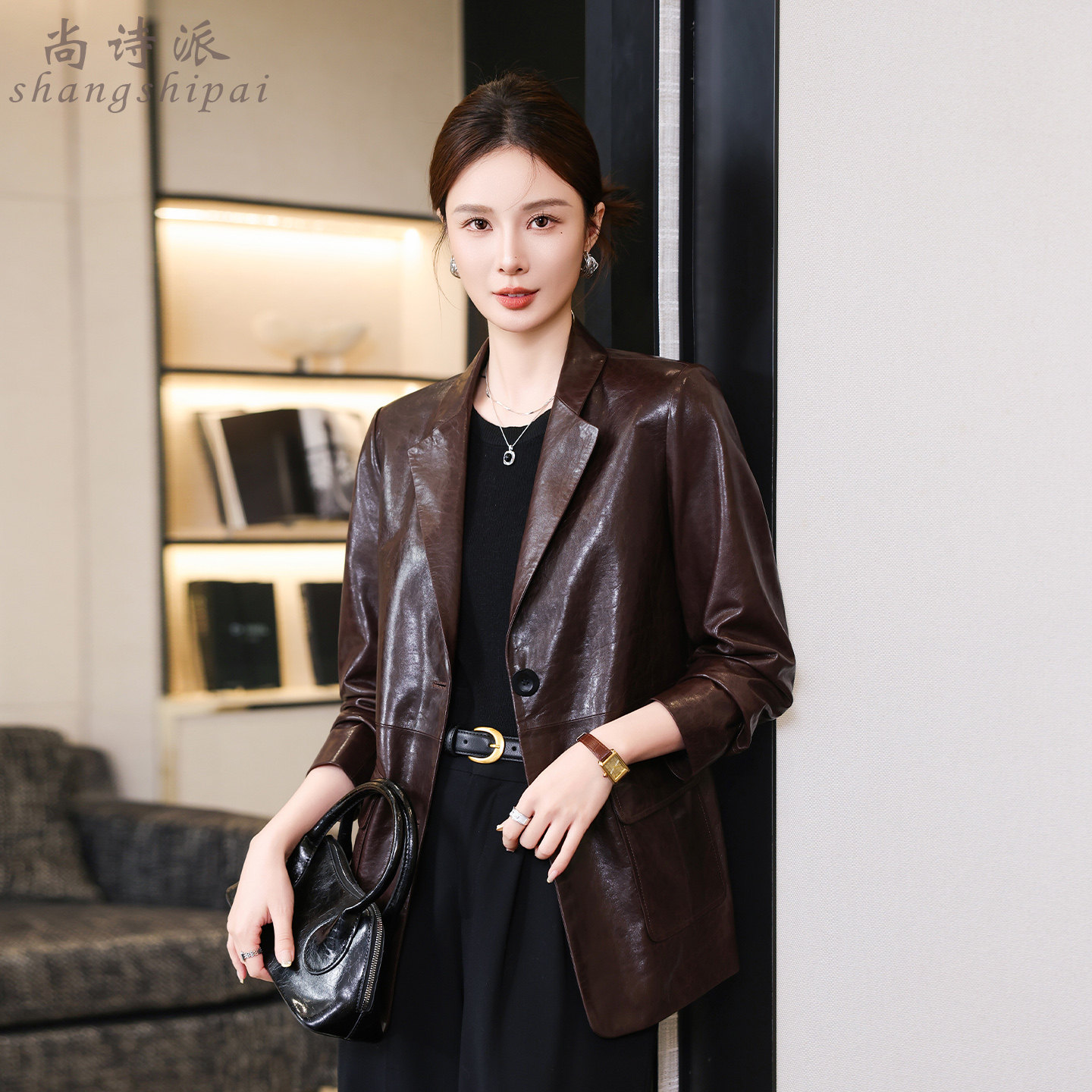 海宁真皮皮衣女美拉德绵羊皮西装外套高端复古油蜡夹克机车中长款