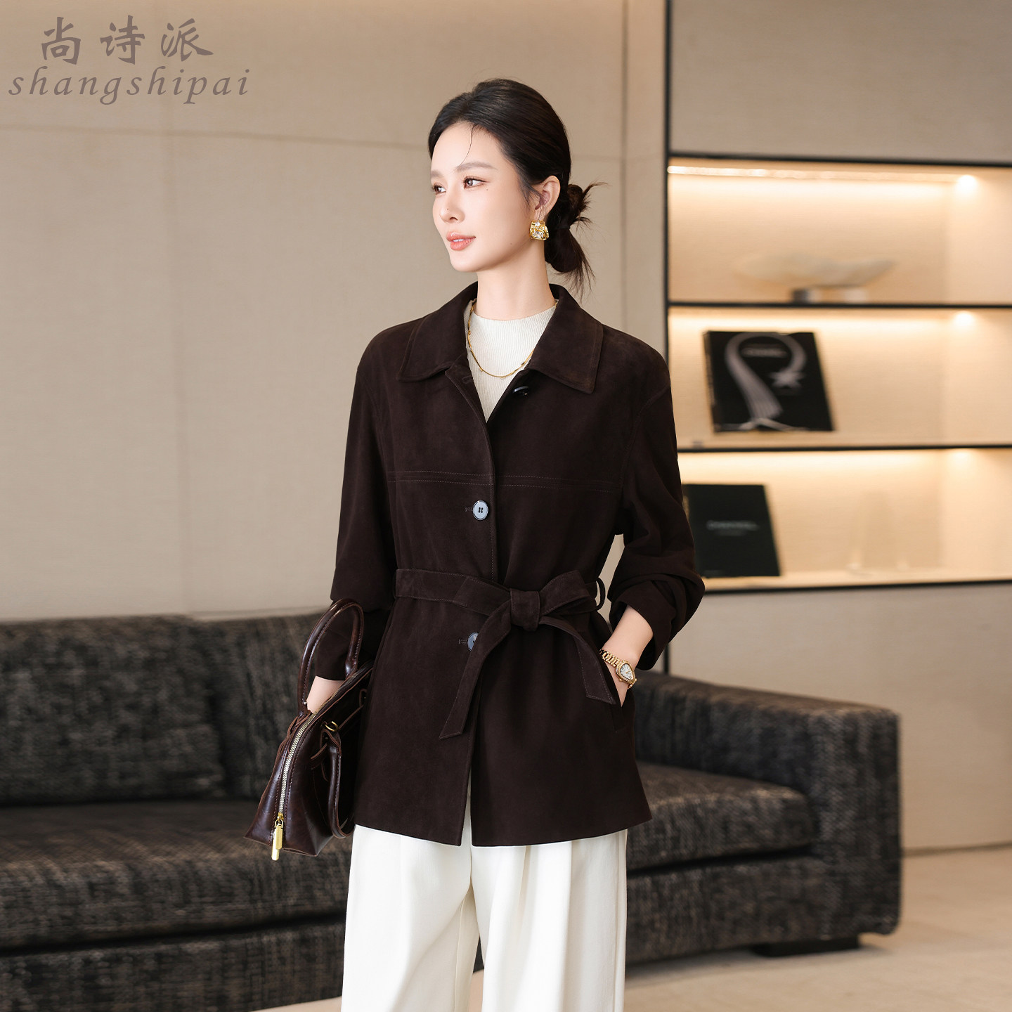 尚诗派绵羊皮反绒中长款皮衣女