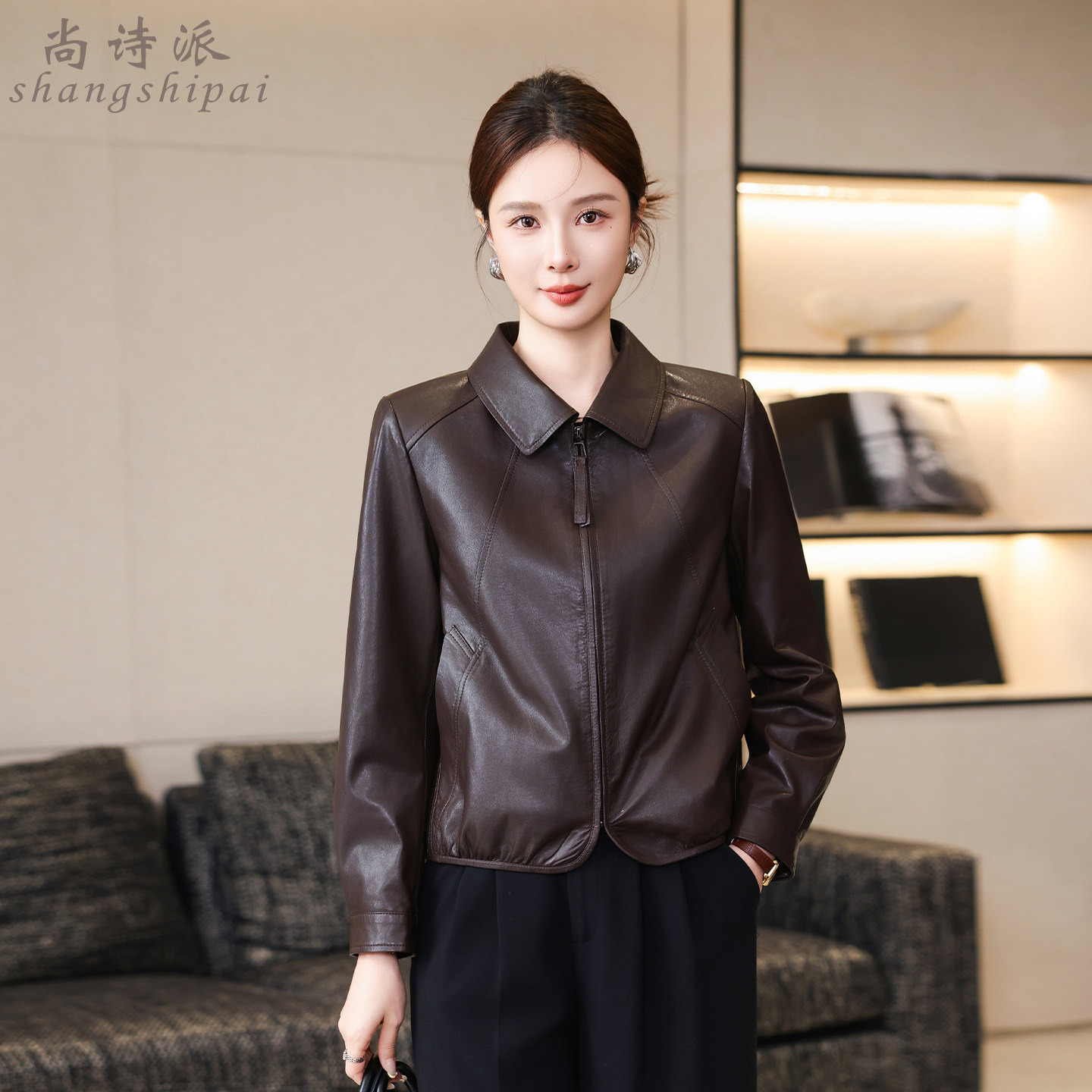 海宁真皮皮衣女短款衬衫领宽松休闲夹克外套高级感2026春季新款