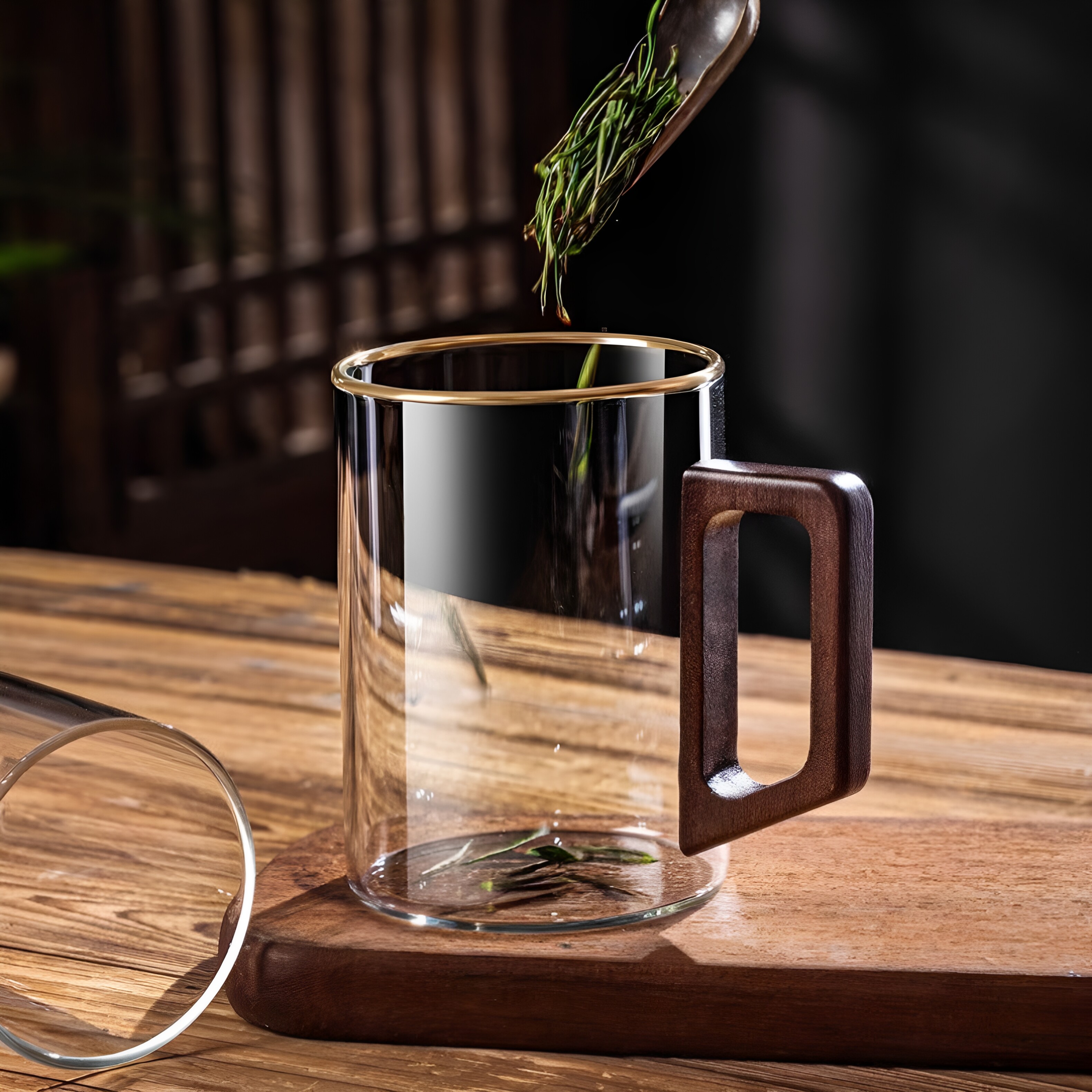 胡桃木把手泡茶杯高硼硅玻璃耐热加厚单层杯喝水杯简约家用绿茶杯图片