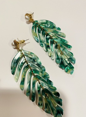 西班牙设计师树叶珍珠醋酸材质绿色夸张晚宴中古vintage气质耳环