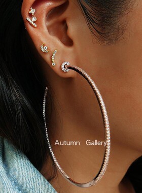 Autumn定制美国纽约大圈满钻金色设计夸张轻奢耳圈大耳环