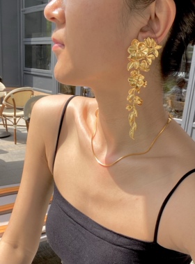 Autumn花朵超长款耳饰夸张复古vintage金色轻奢走秀高级感耳夹
