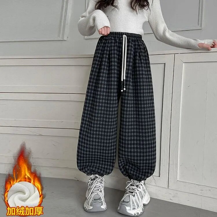 男女童加绒裤子儿童2025秋冬时髦洋气格子宽松冬天保暖潮流卫裤