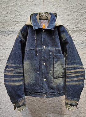 易麦正品牛仔拼接假两件连帽多口袋重磅90白鸭绒羽绒外套超酷男士