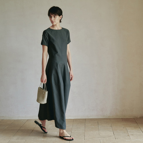 COLINE CONCISE｜小众设计师解构茧型亚麻石灰蓝中长款连衣裙