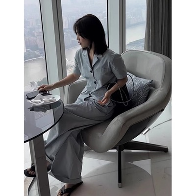 COLINE CONCISE 25SS 小众设计款棉麻蓝色西装裤子套装Z88165