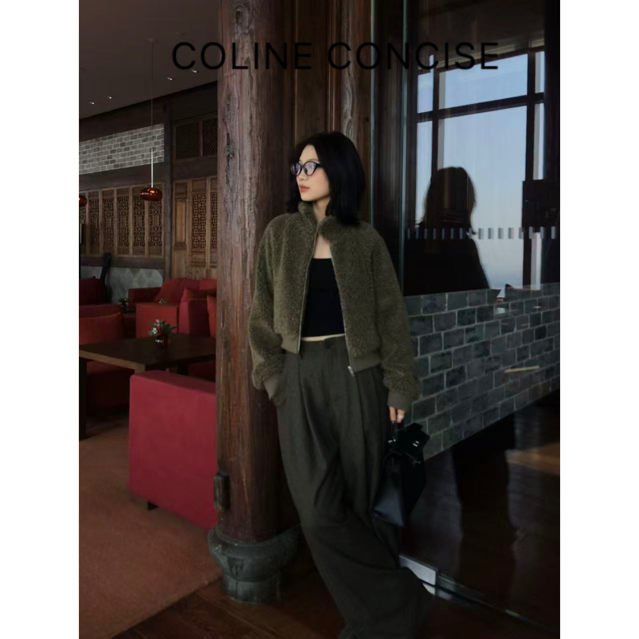 COLINE CONCISE Burberr*原版面料绿色拉链保暖毛毛外套25FW