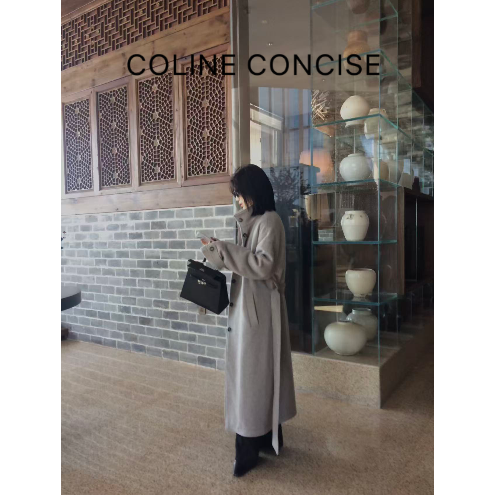 COLINE CONCISE 双面呢大衣驳领纽扣腰带收腰小众长款外套25FW