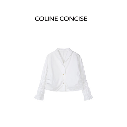 COLINE CONCISE 2026早春新品青果领设计感白色府绸棉衬衫上衣