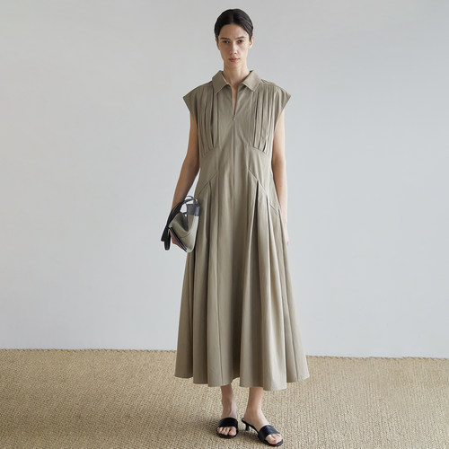 COLINE CONCISE 重磅砂洗棉设计感小飞袖灰绿色连衣裙