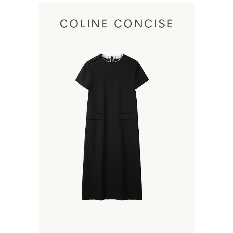 COLINE CONCISE 25SS 小众设计黑色连衣裙短袖假两件长裙Z88160