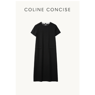 COLINE CONCISE 25SS 小众设计黑色连衣裙短袖假两件长裙Z88160