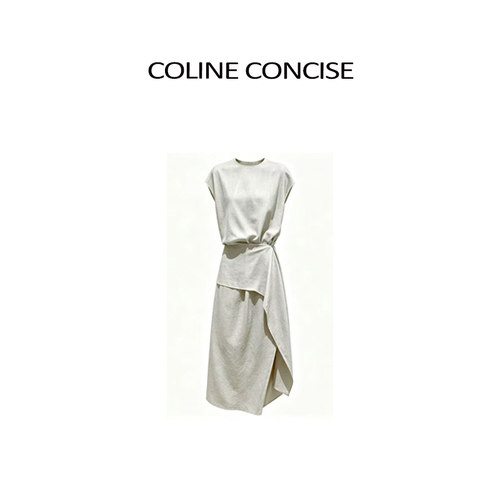 COLINE CONCISE 圆领不规则小飞袖收腰显瘦设计款连衣裙