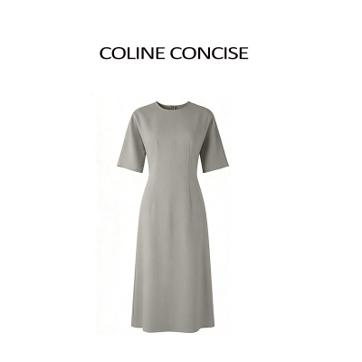 COLINE CONCISE 2026SS新品灰绿调收腰连袖剪裁短袖连衣裙