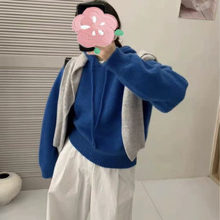 慵懒风连帽抽绳毛衣女蓝色宽松百搭针织上衣
