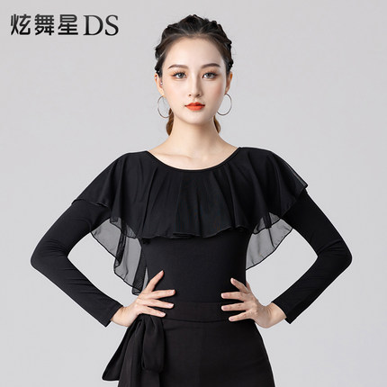 拉丁舞服新款网纱摩登舞上衣秋冬长袖国标舞练功服荷叶边跳舞衣服