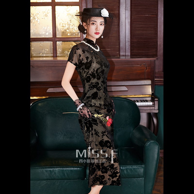 Black demi-season lightweight retro advanced cheongsam, 2022 collection