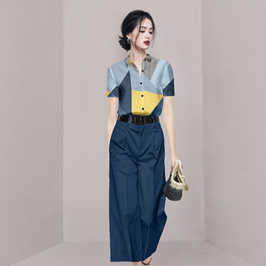 RM18702#单排扣惊艳短袖长裤阔腿裤高腰通勤套装