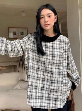 RUSTLE INTERLUDE侧门襟白黑格纹磨毛质感宽松衬衫外套