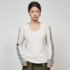 RUSTLE INTERLUDE U领拼接撞色修身长袖打底T恤上衣