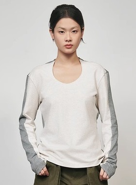 RUSTLE INTERLUDE U领拼接撞色修身长袖打底T恤上衣