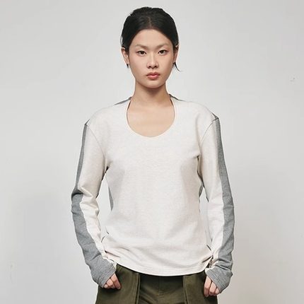 RUSTLE INTERLUDE U领拼接撞色修身长袖打底T恤上衣
