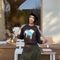 RUSTLE INTERLUDE趣味椅子系列提花针织圆领套头毛衣针织衫亲肤